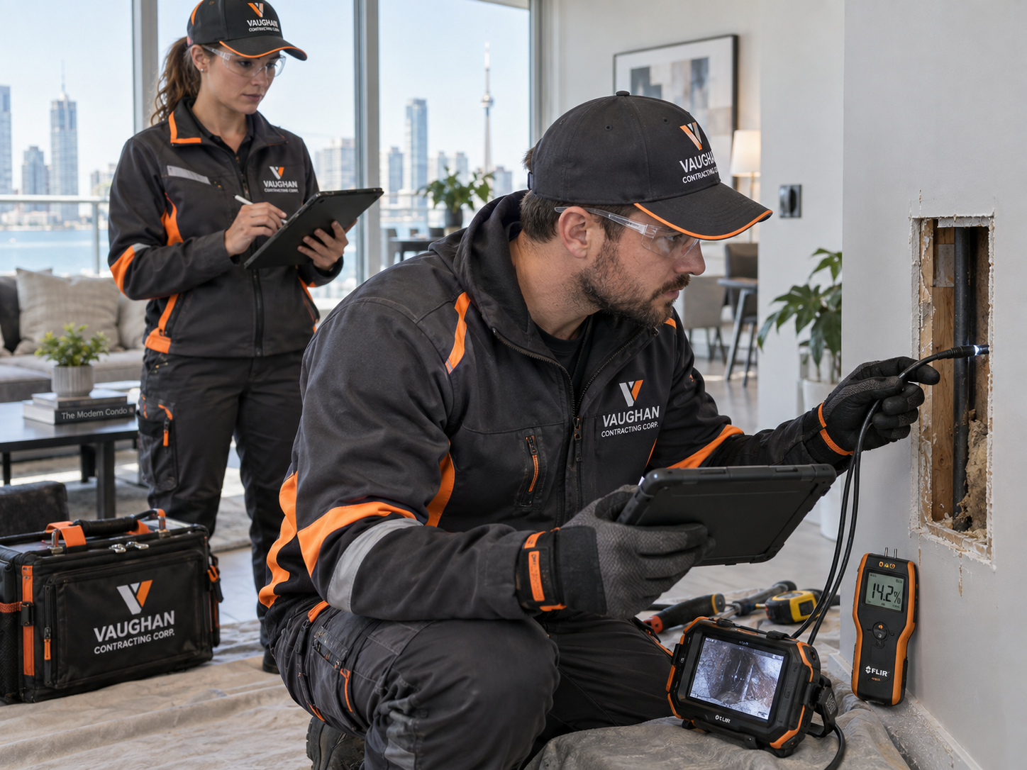 Vaughan Contracting technicians conducting a borescope and moisture inspection