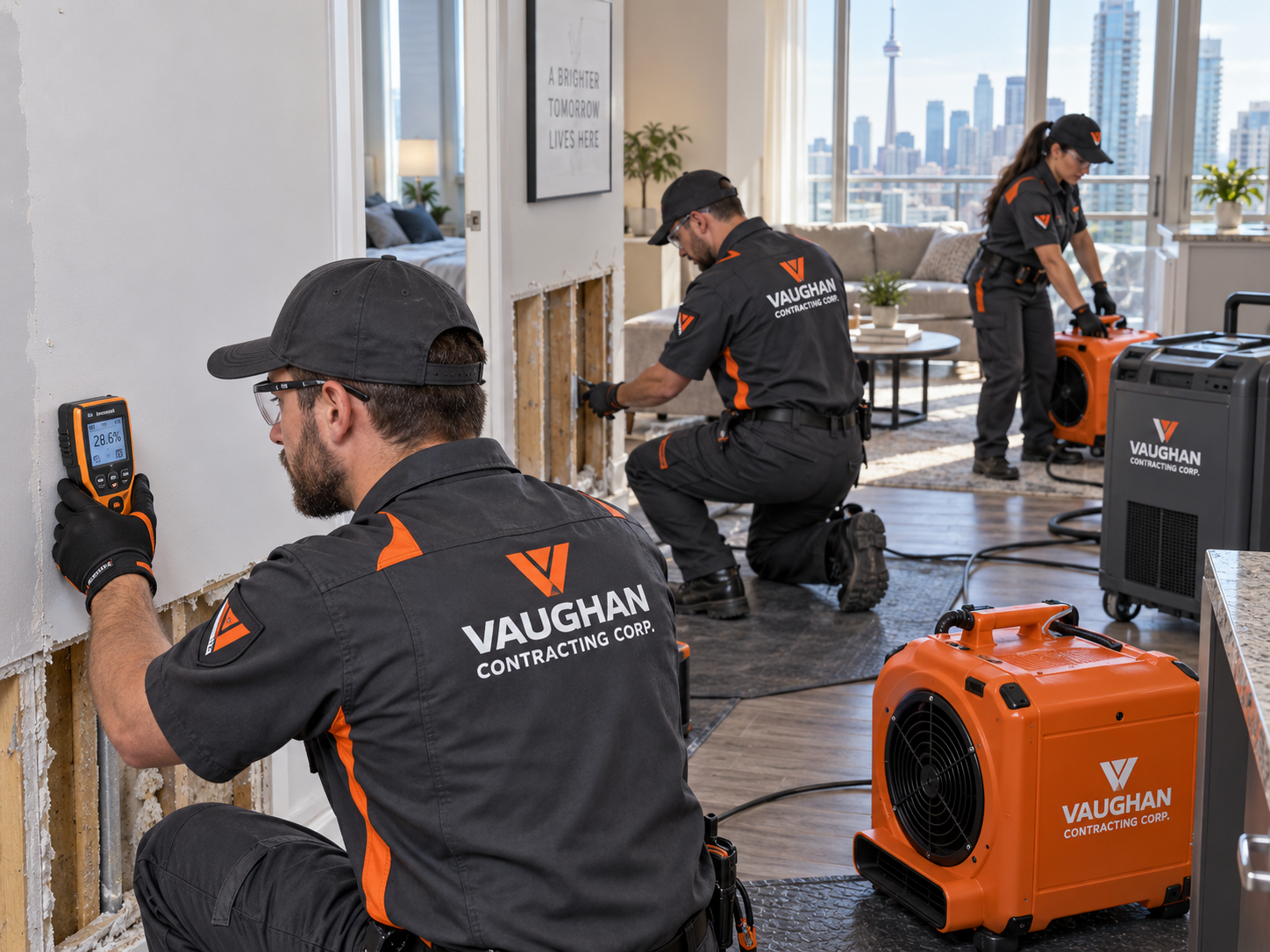 Vaughan Contracting technicians completing water damage restoration in a condominium suite